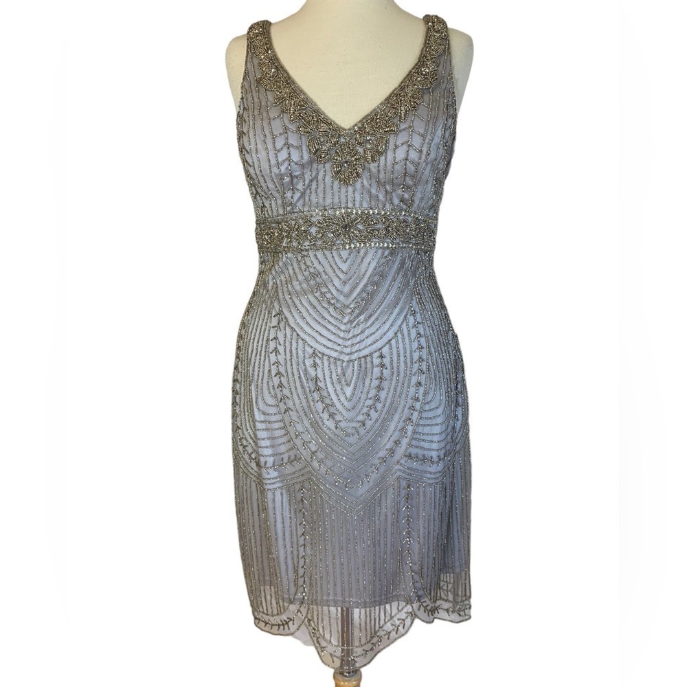 SUE WONG 8 platinum silver grey beaded formal cocktail dress